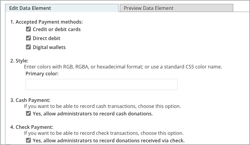 Donation form data element offline options