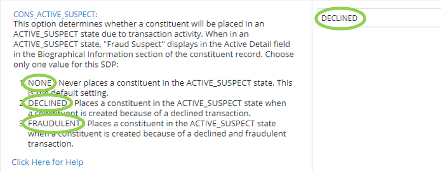 Enter None, Declined, or Fraudulent in the text field.
