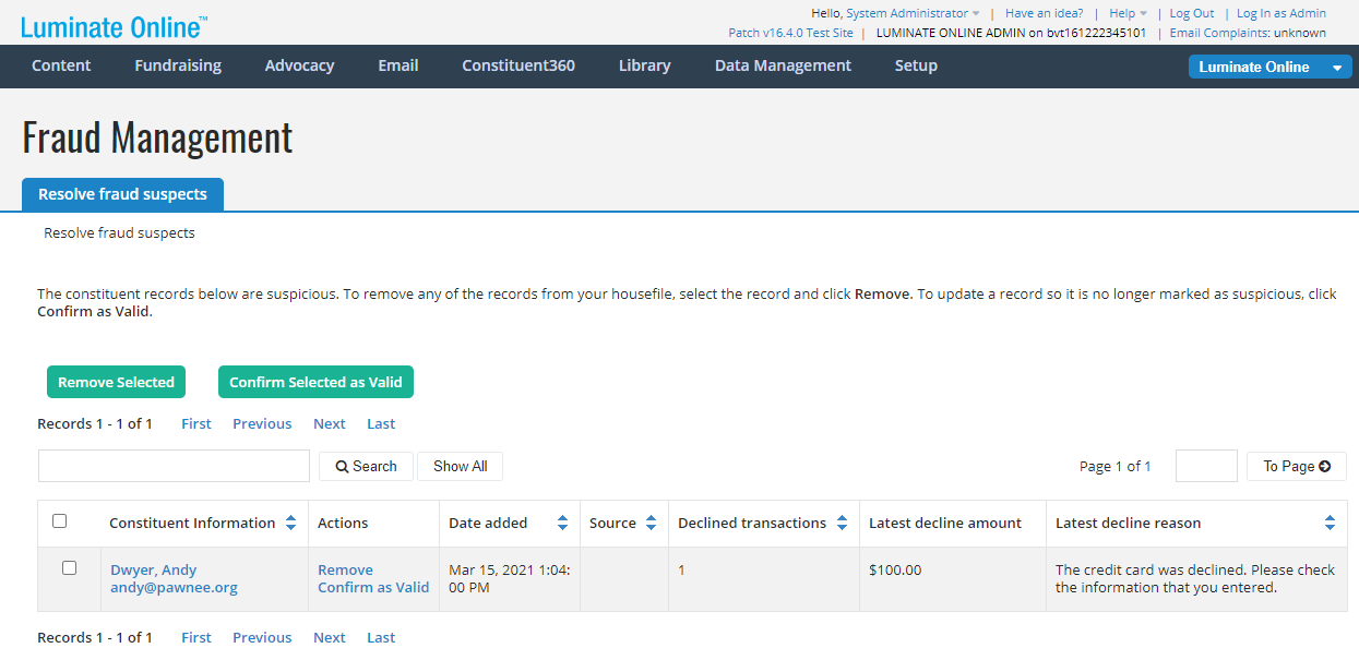 Example Fraud Management Screen