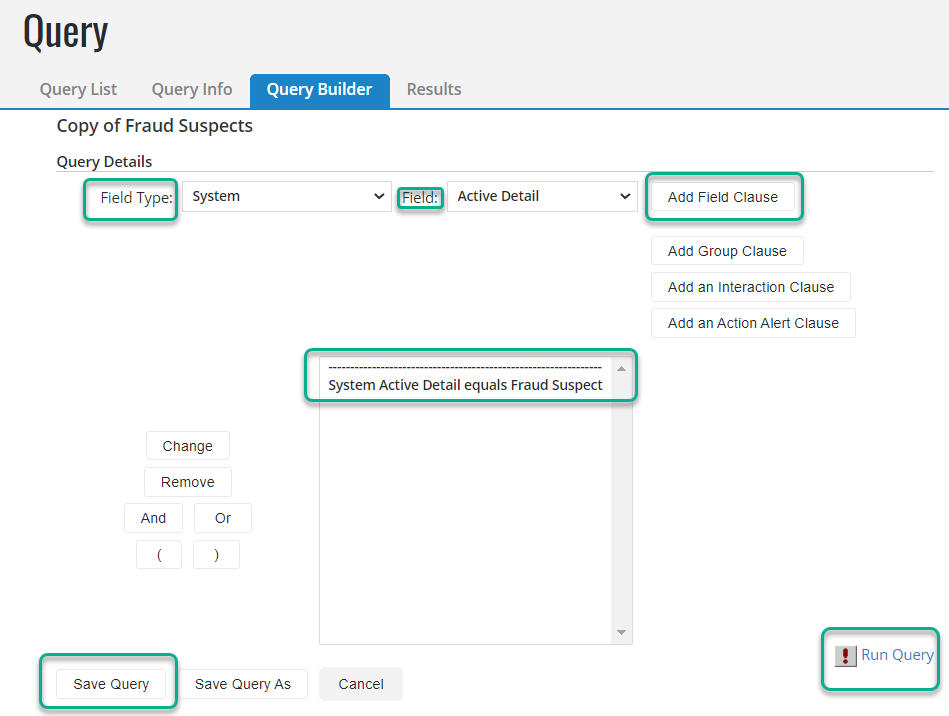 Query field settings for Fraud Suspect.