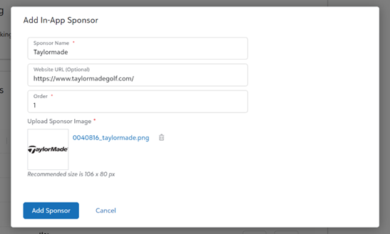 Add In-App Sponsor modal includes name, optional url, order, and image