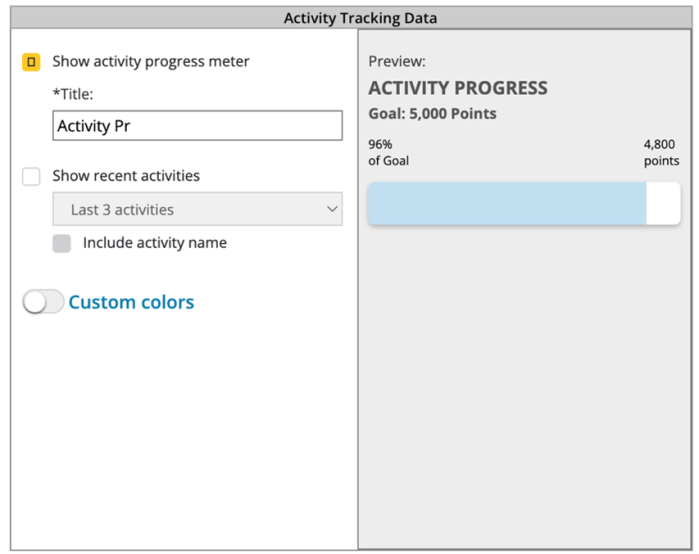 Activity Tracking module with option checked to show activity progress meter and a corresponding preview displayed