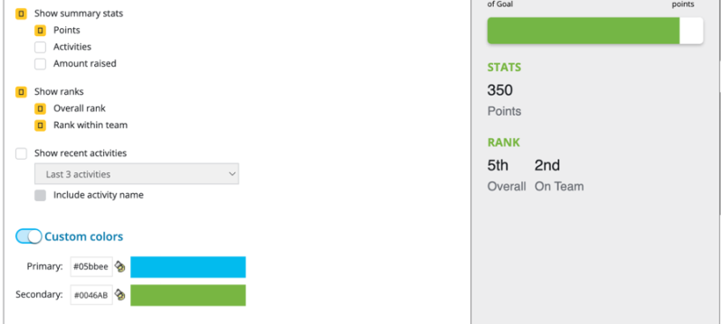 Activity Tracking module with options checked to show summary stats and ranks and a corresponding preview displayed