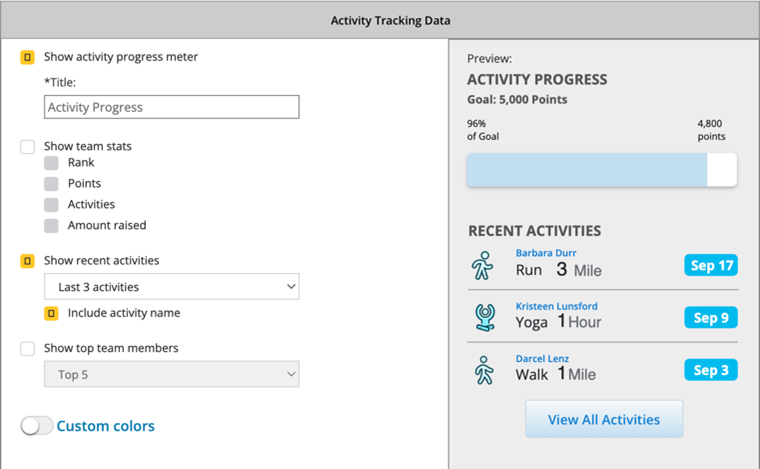 Activity Tracking module with options checked to show recent activities and activity names and a corresponding preview displayed