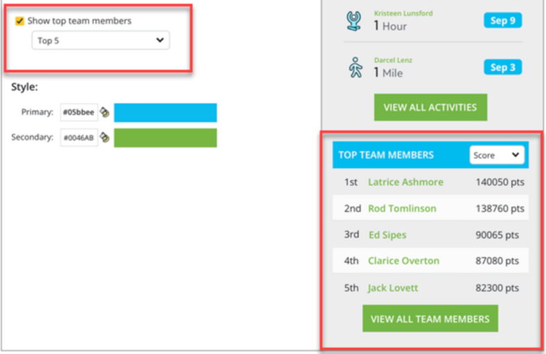 Activity Tracking module with option checked to show top team members and a corresponding leaderboard preview displayed