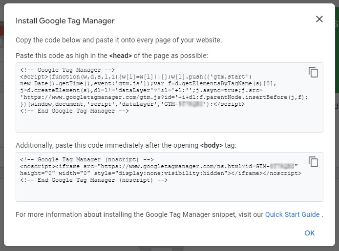 Example of Instal Google Tag Manager window.