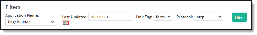 Filters for Application Name, Last Updated, Link Tag, and Protocol