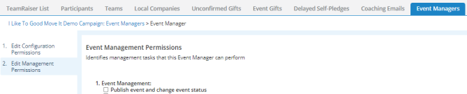 Configure event manager permissions from the Event Managers tab in TeamRaiser