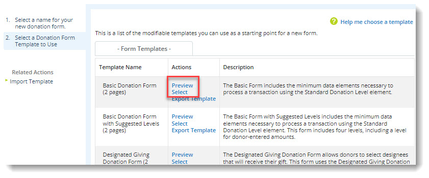 Select Donation Form Template