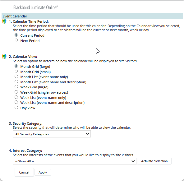 Example of Event Calendary settings