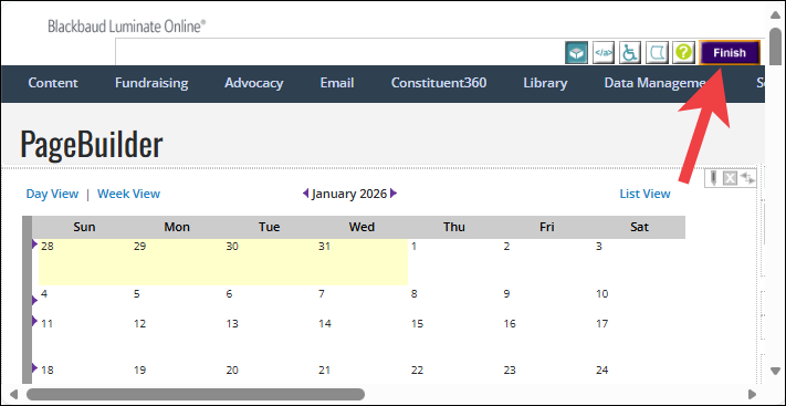 PageBuilder Finish button is in the upper, right corner.