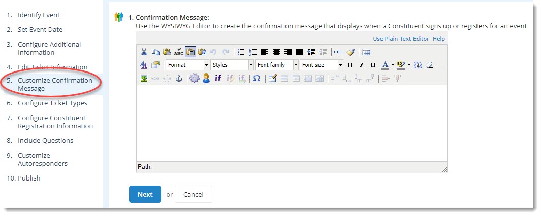 Enter a confirmation message in the text editor.