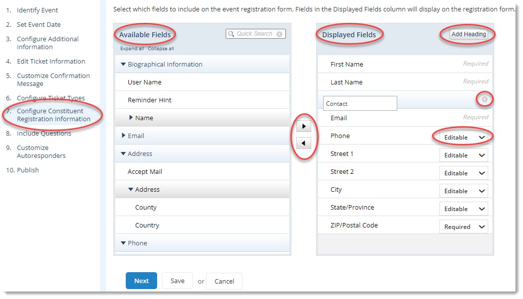 Configure constituent registration information