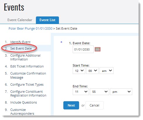 Set event date and time.