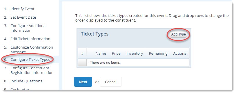 Select Add Type to create a new ticket type.