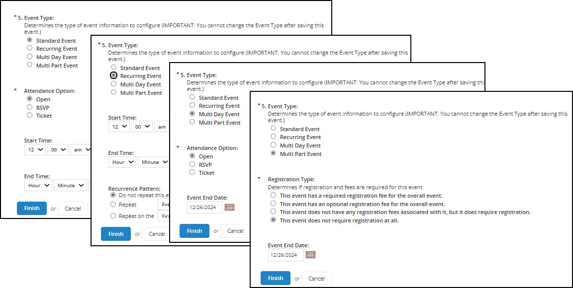 Different options are available for different event types. 