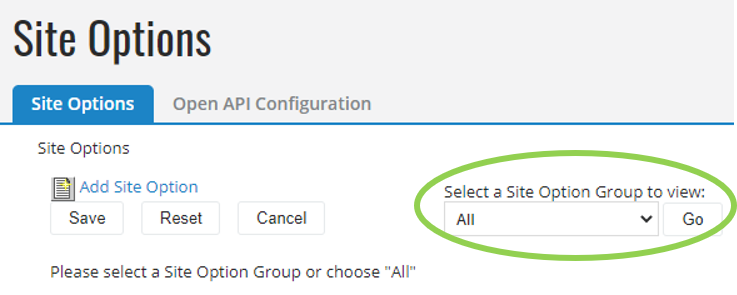 Select a Site Option Group to View: All > Click Go.