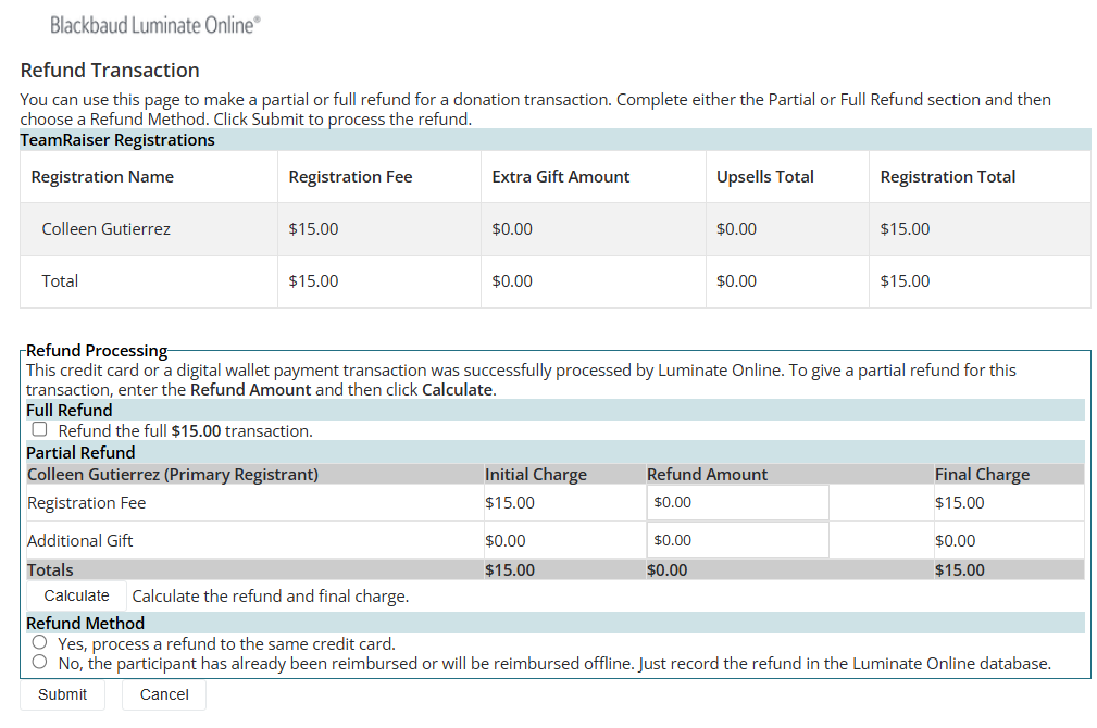 TeamRaiser Registration Refund screen