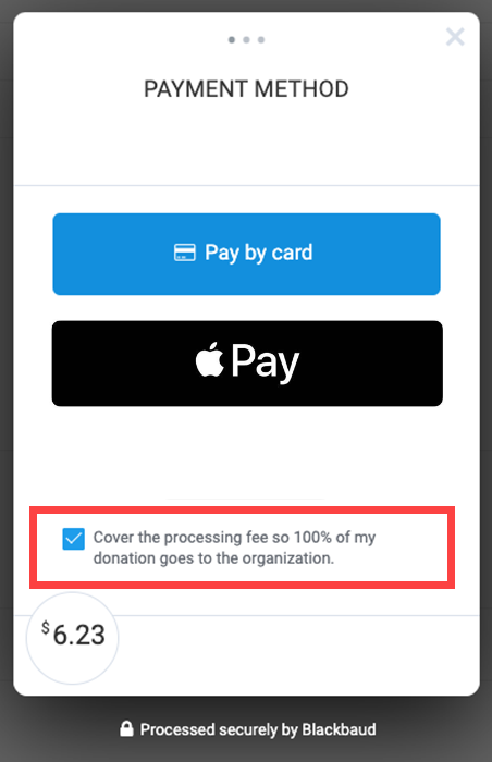 Image of a checkout screen that has an option selected for the donor to cover transaction fees