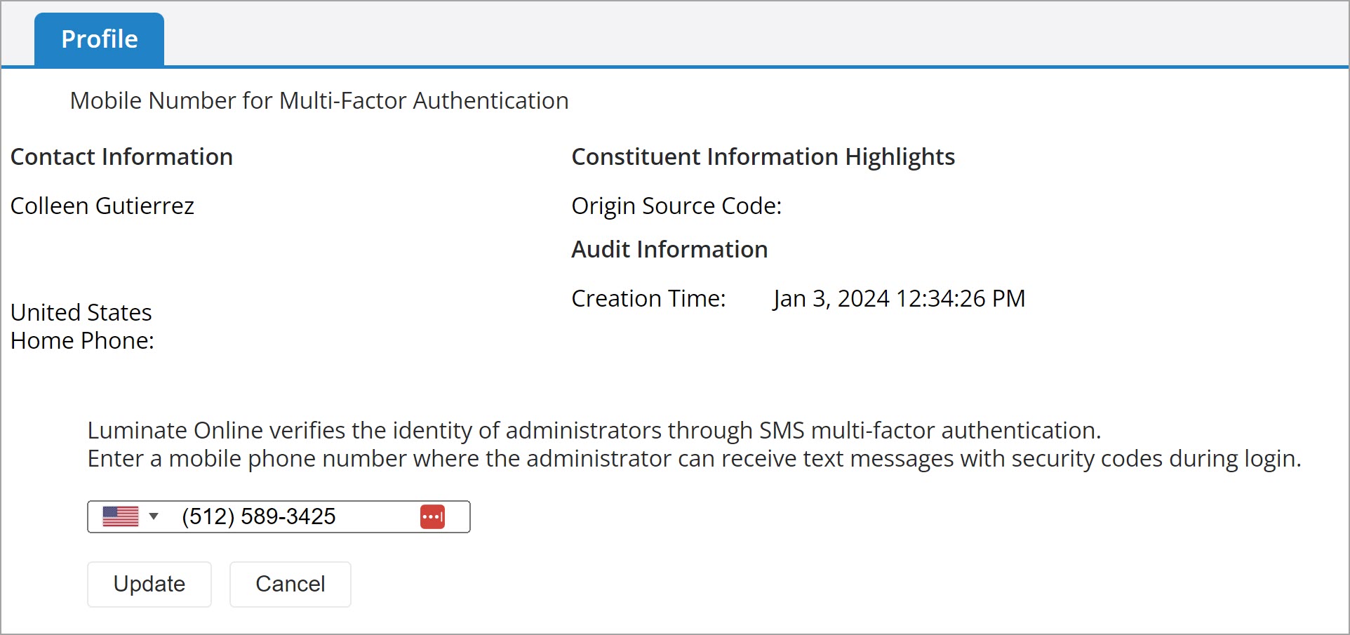 Screen shows an admin record with a field to change the SMS phone number