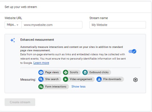 Screenshot of Set up your web stream interface. Website URL text box is at the top, left. Stream name text box is at the top, right. Enhanced Measurement explanation is the bottom 2/3 of the image with a slider toggle on the right. Create Stream is a button at the bottom, left.