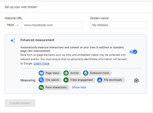 Screenshot of Set up your web stream interface. Website URL text box is at the top, left. Stream name text box is at the top, right. Enhanced Measurement explanation is the bottom 2/3 of the image with a slider toggle on the right. Create Stream is a button at the bottom, left.