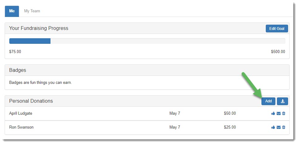 Screenshot showing Add button is located on the right side of the top of the Personal Donations label.