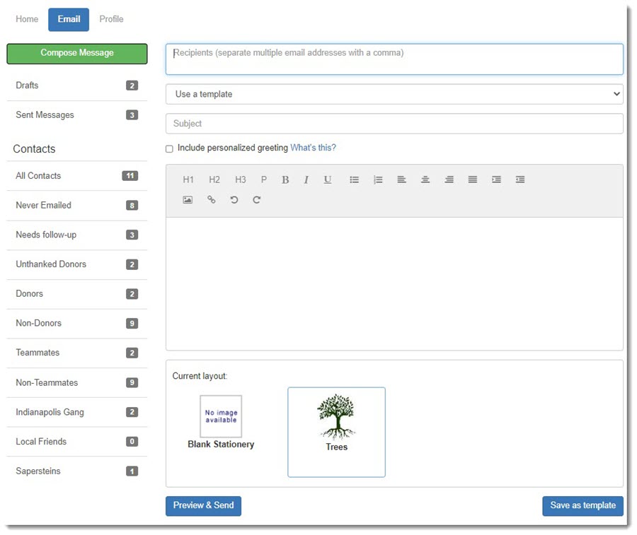 The Compose Message button is located at the top, left of the page under Email.
