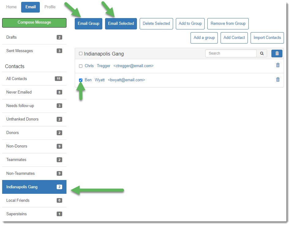 Example, select an email group, then select members from the group member list.