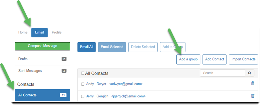 The Add a group button is above the contacts list