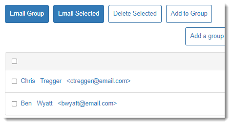 With the group list displayed, the buttons for Email Group, Email Selected, Delete Selected, and Add to Group are displayed above.