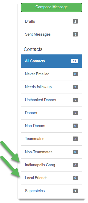 Sample contacts list with the new groups listed. The Contacts group list is located under the Compose Message button.
