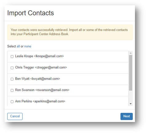 Example list of contacts with checkboxes. Next and Cancel buttons at the bottom.