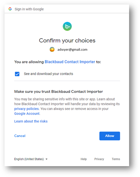 Example Confirm your choices window