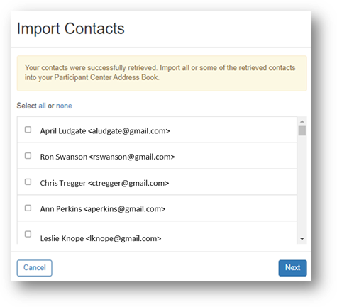 Example list of contacts with checkboxes, with Cancel and Next buttons.
