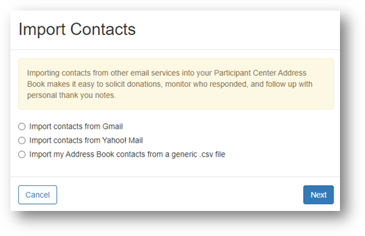Example Import Contacts source options. Includes Gmail, Yahoo, and CSV file.