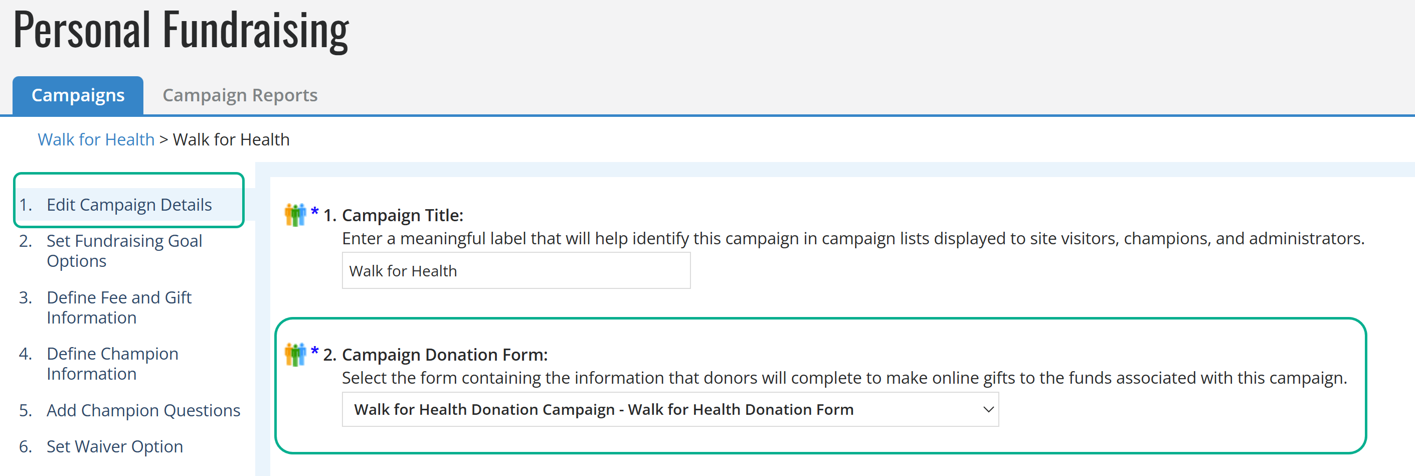 Change campaign donation form in Personal Fundraising