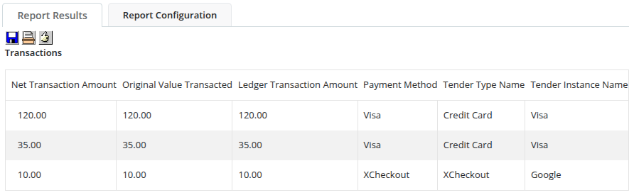 Transaction report data showing Tender Type and Name