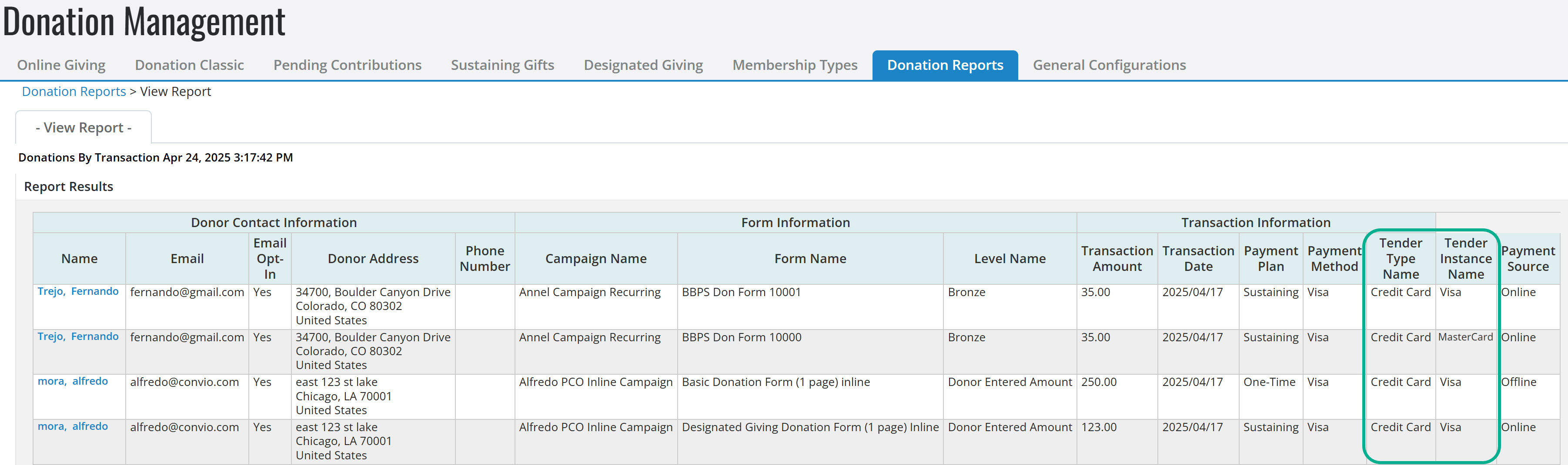 Donations by Transaction report example