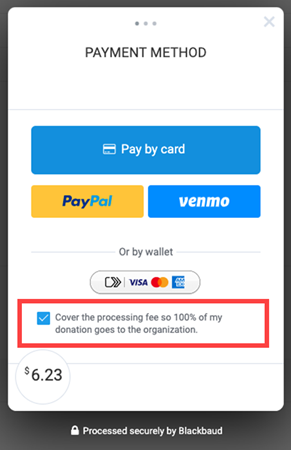 Checkout screen that highlights an option where donors can select an option to pay transaction fees for the organization