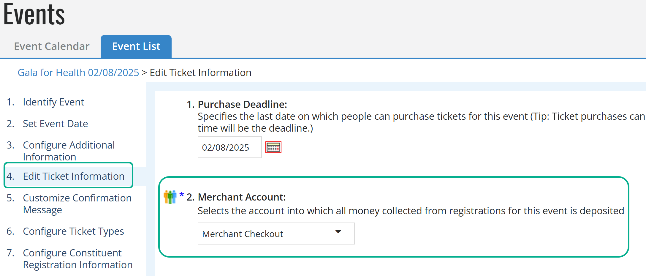 Merchant account selection in the Event module