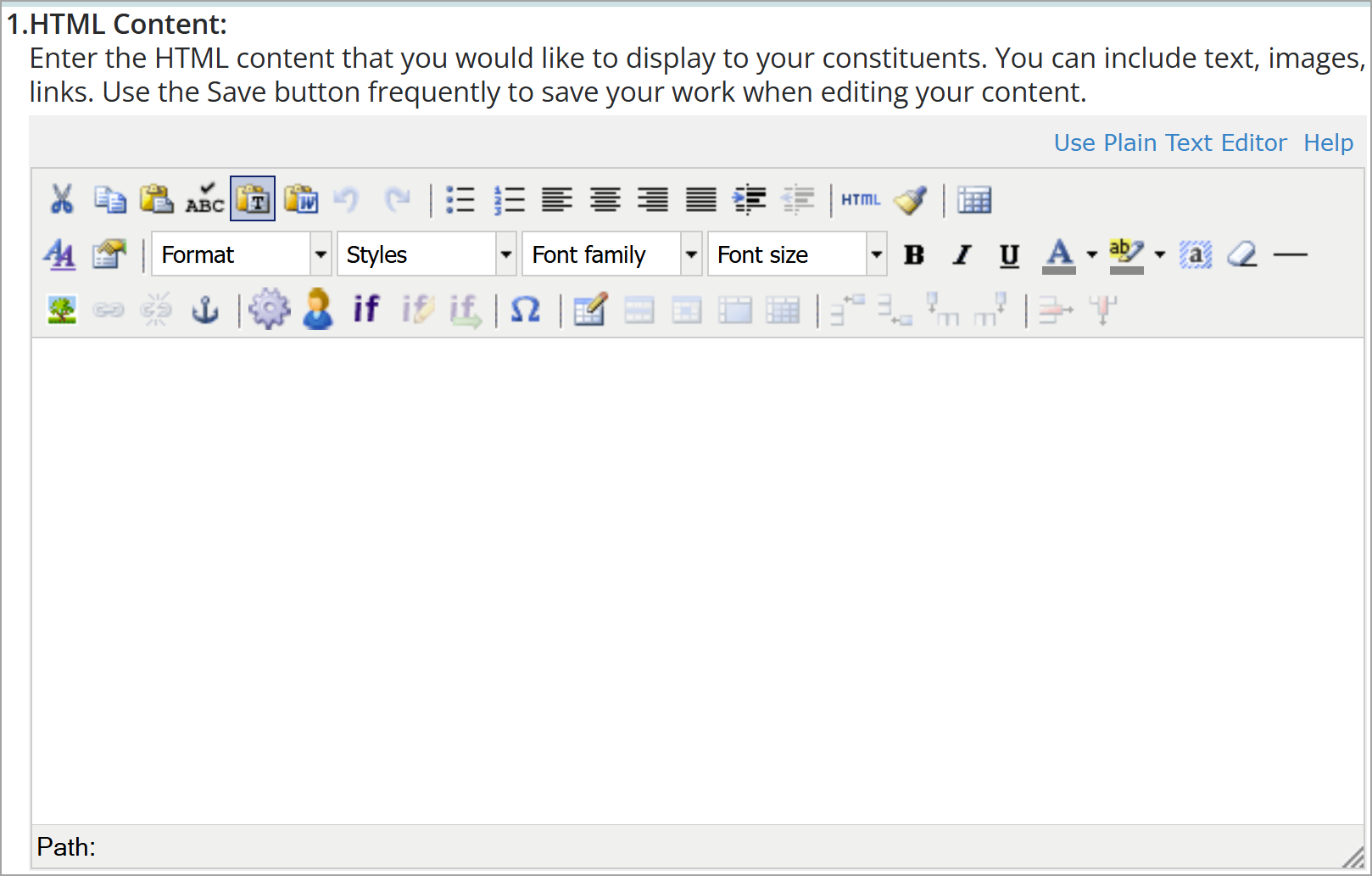 Previous interface of the TinyMCE content editor