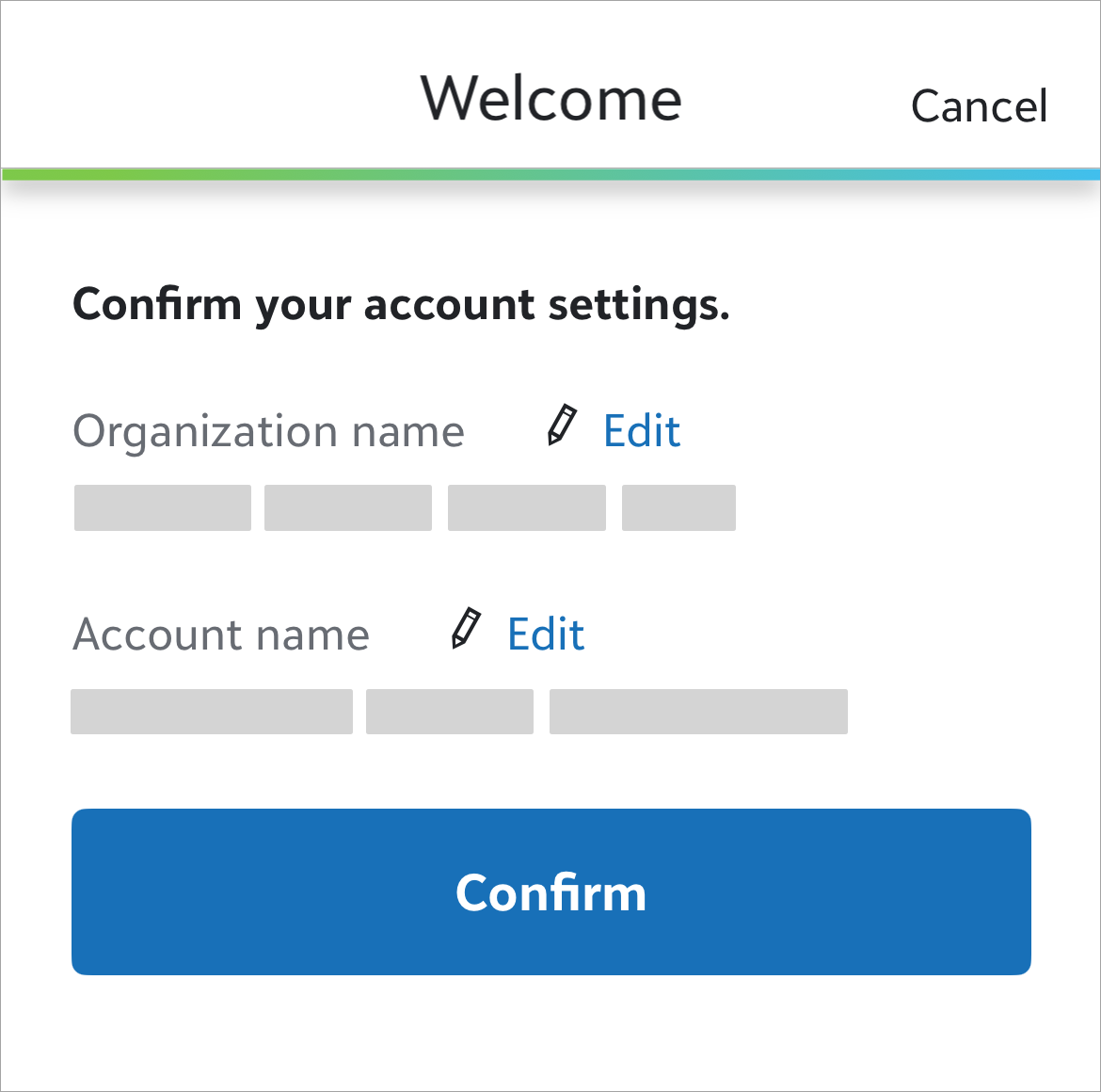 Confirm account settings screen displaying an example organization and merchant account.