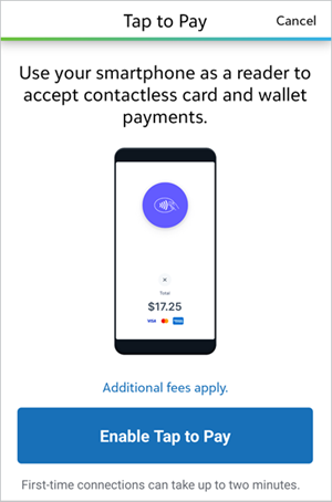 A MobilePay Terminal screen displaying a button to enable Tap to Pay for Android.