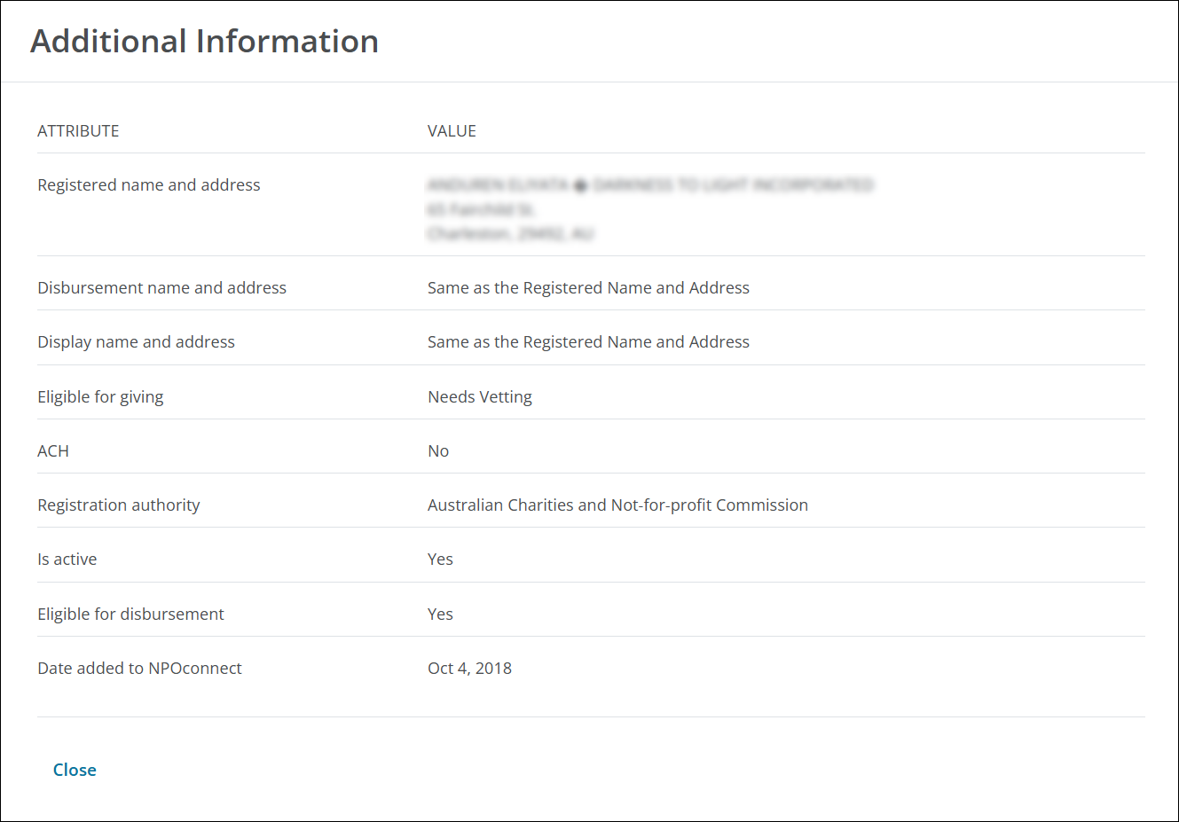 "Same as the Registered Name and Address" is displayed in the Additional Information modal if the names and addresses for disbursement and display are not unique.