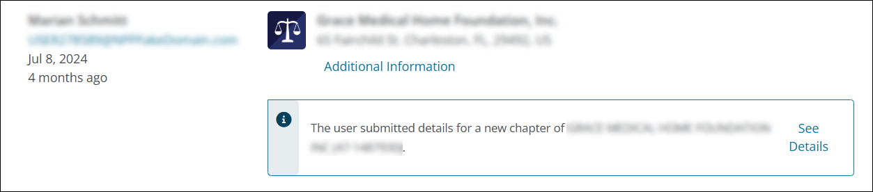 Chapter details are shown in the Administrator Request if a new chapter is created.