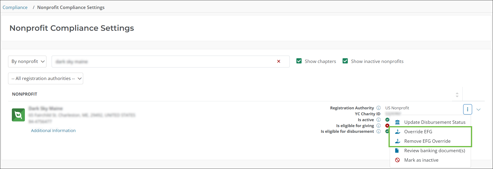 Screenshot of tools in the Nonprofit Compliance Settings area that allow the Blackbaud Compliance team to manually override and update a nonprofit's Eligible for Giving status