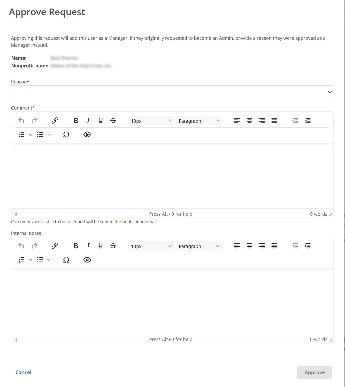 Example of Comment and Internal notes fields in the Approve as Manager modal.