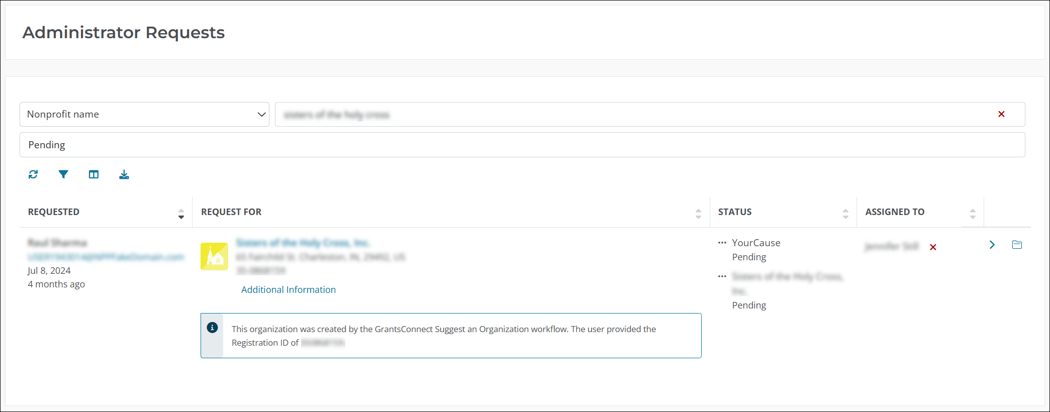 View the callout box in the Request column to determine if an Admin Request was submitted through another YourCause product.