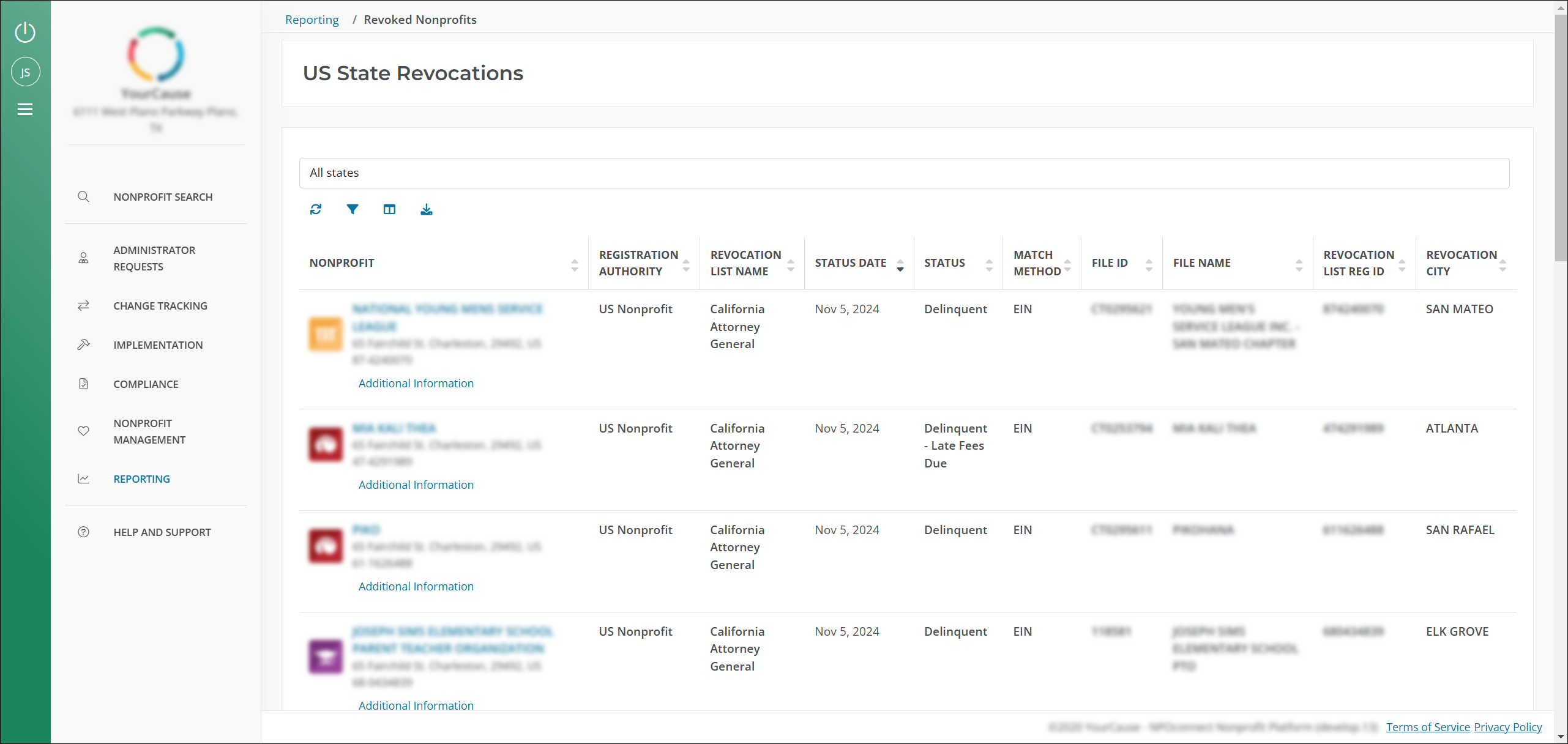 View CA AB 488 organizations in the US State Revocations report for YourCause Admins.